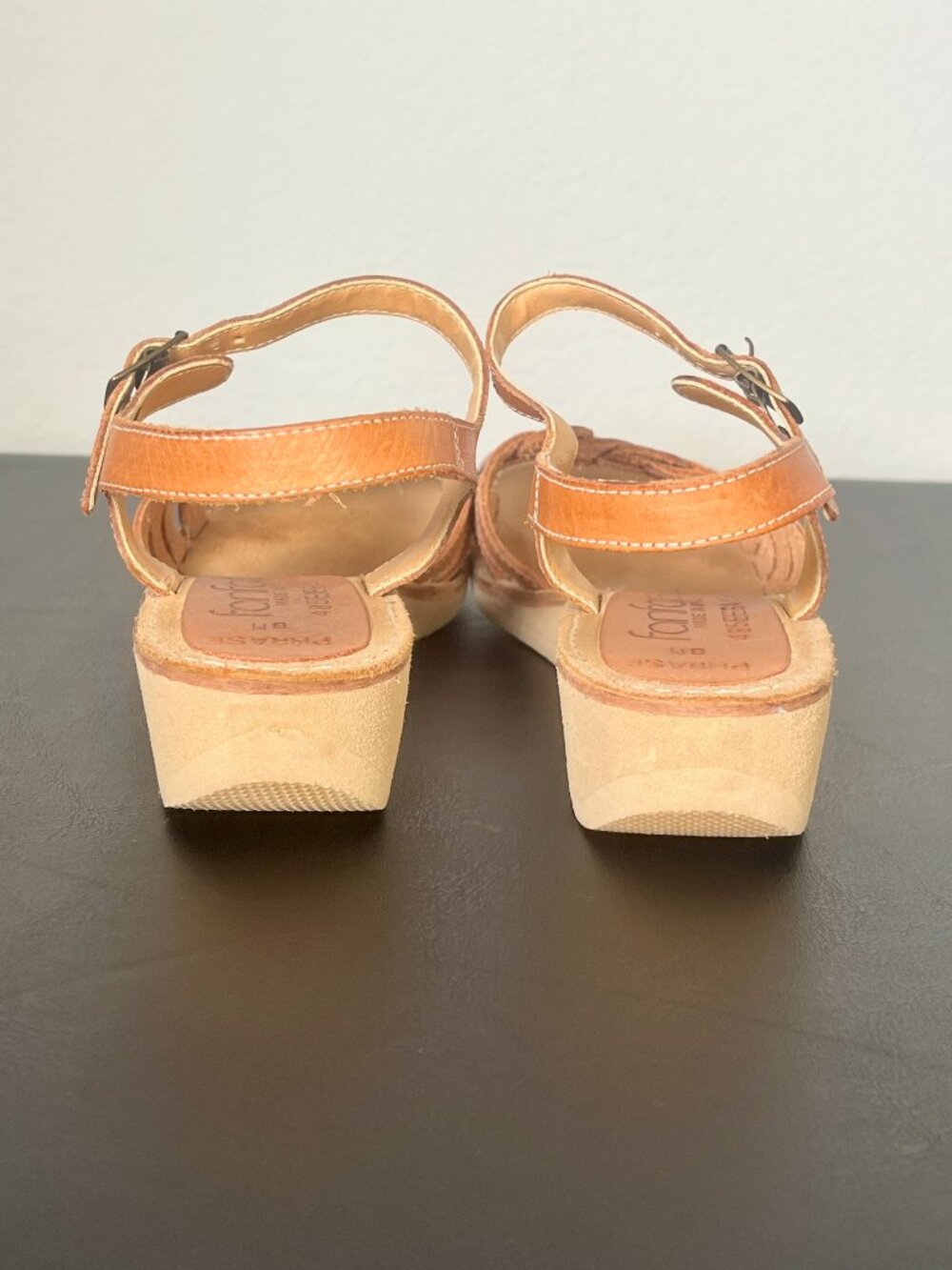 Vintage Boho 1990s Fanfares Leather Wedge Heel Platform Sandals Cognac Brown 7.5 - Picture 5 of 9